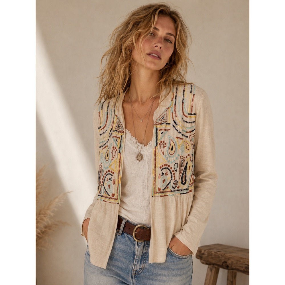 The Pyramid Collection Embroidered Peplum Jacket‎ Beige Cotton Boho Womens Small